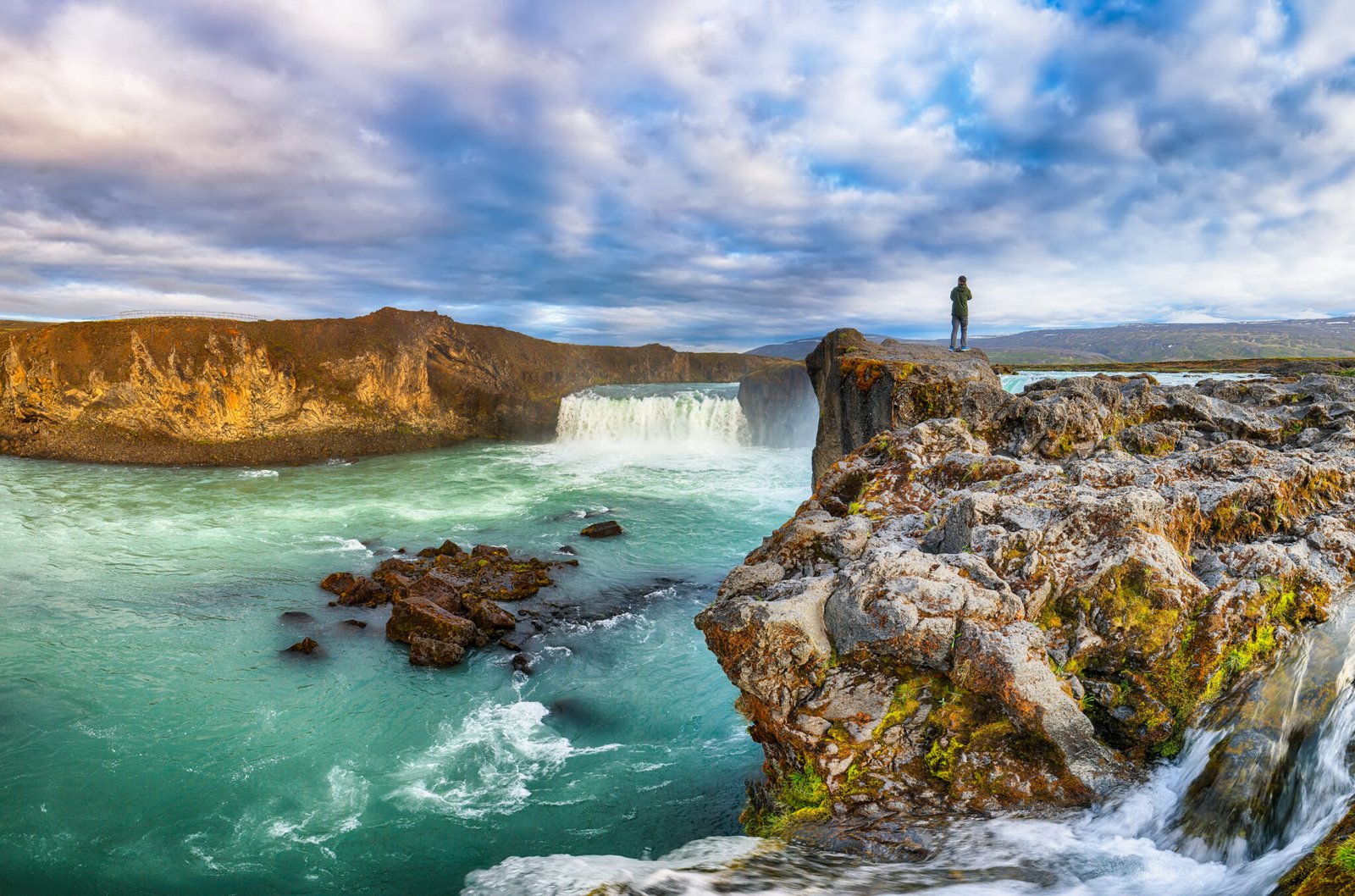 Breathtaking landscape scene of powerful Godafoss waterfall. Dramatic sky over Godafoss. Location: Bardardalur valley, Skjalfandafljot river, Iceland, Europe