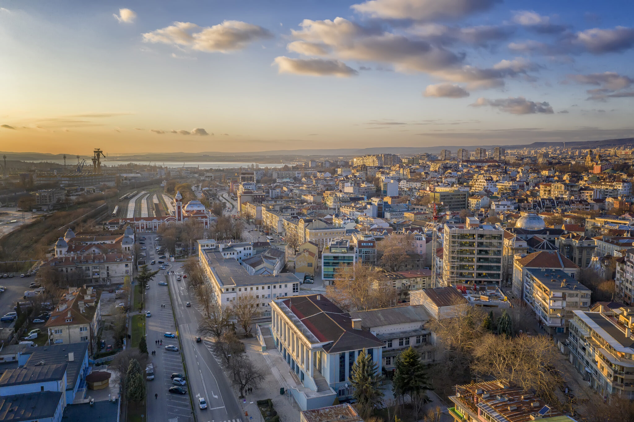 Aerial view from drone of city and central railway station, Varna, Bulgaria