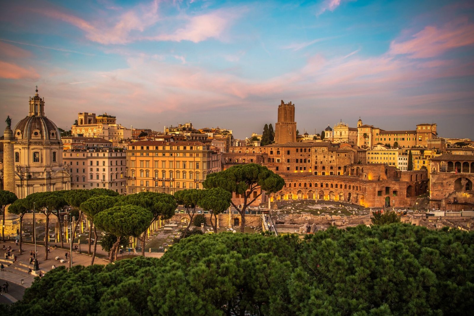 CIty of Rome Scenic Sunset. Trajan Market, Forum and the Column. Forum of Caesar Viaggio nei Fori. Famous European Destination. Museo dei Fori Imperiali. Chiesa del Santissimo Nome di Maria al Foro Traiano. Church of the Most Holy Name of Mary.