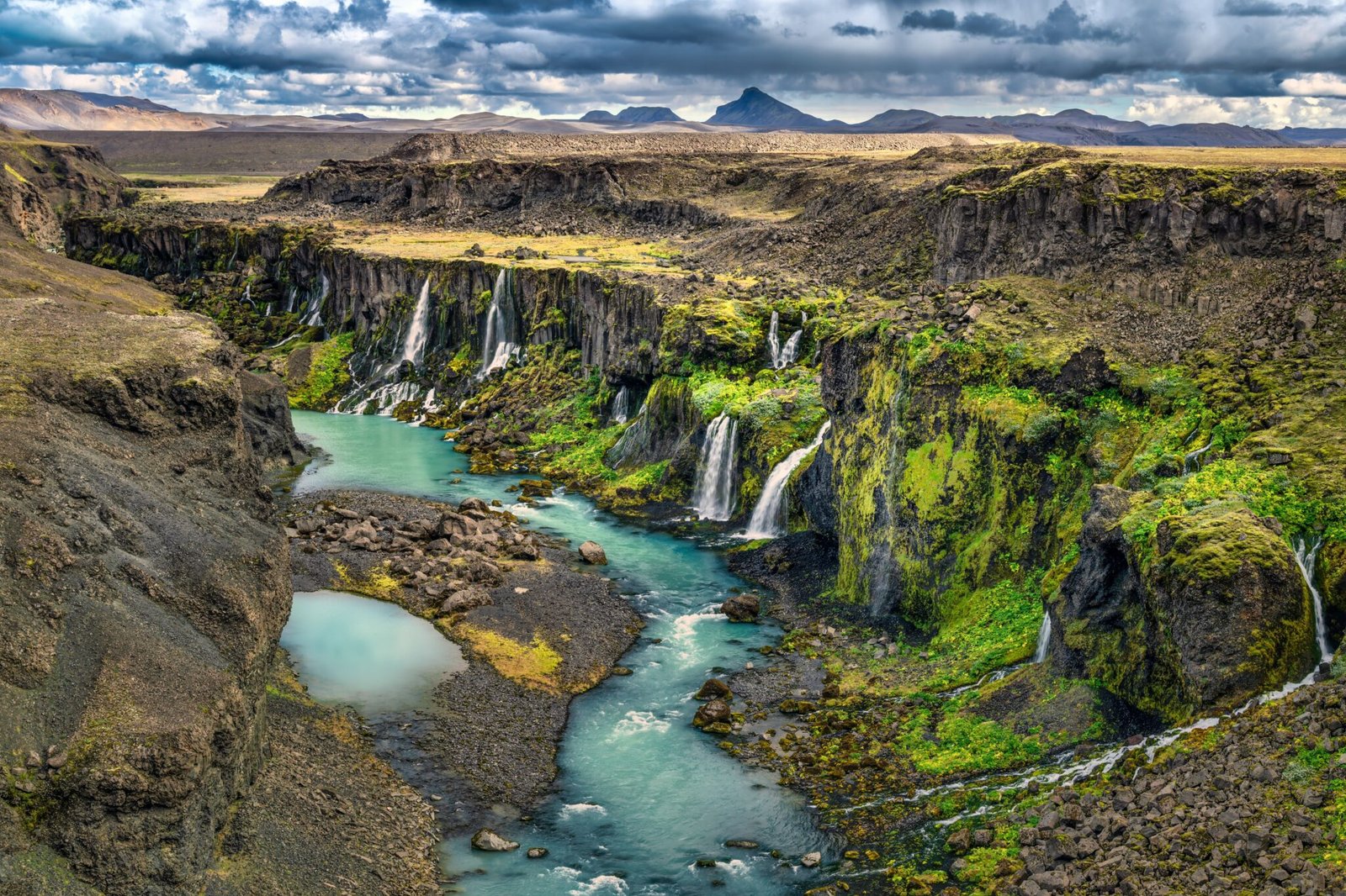 Scenic view of a dramatic Icelandic canyon with waterfalls cascading into a turquoise river under a cloudy sky.
