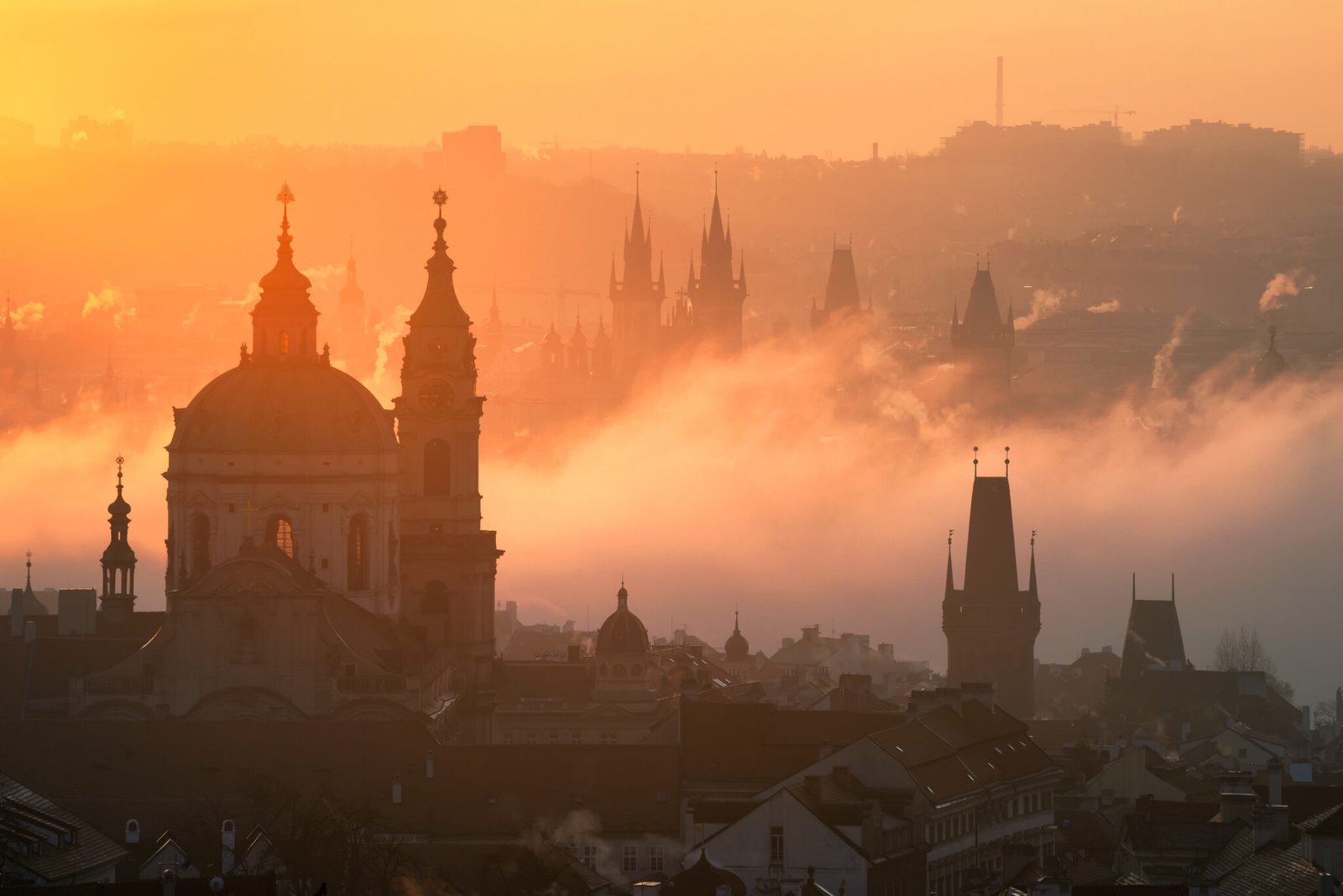Amazing Prague foggy sunrise during autumn, Czech republic