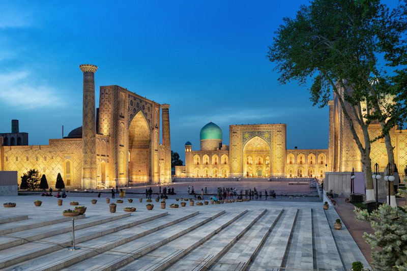 Registan square at dusk - the ancient center of Samarkand, Uzbekistan