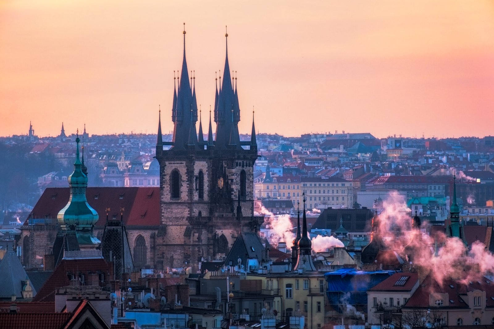 Scenic view of Prague old town cityscape at sunrise, Czech Republic, Europe
