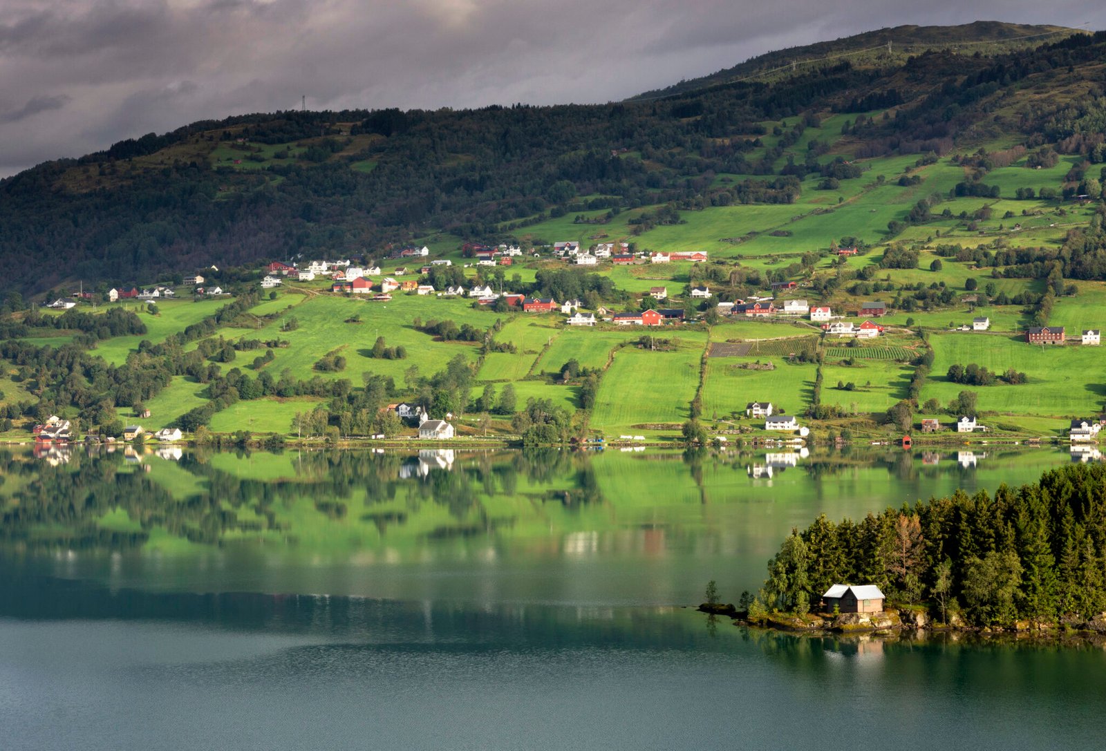 Morning view over lake Hafslovatnet in the Luster municipality in the Norwegian Sognefjord region
