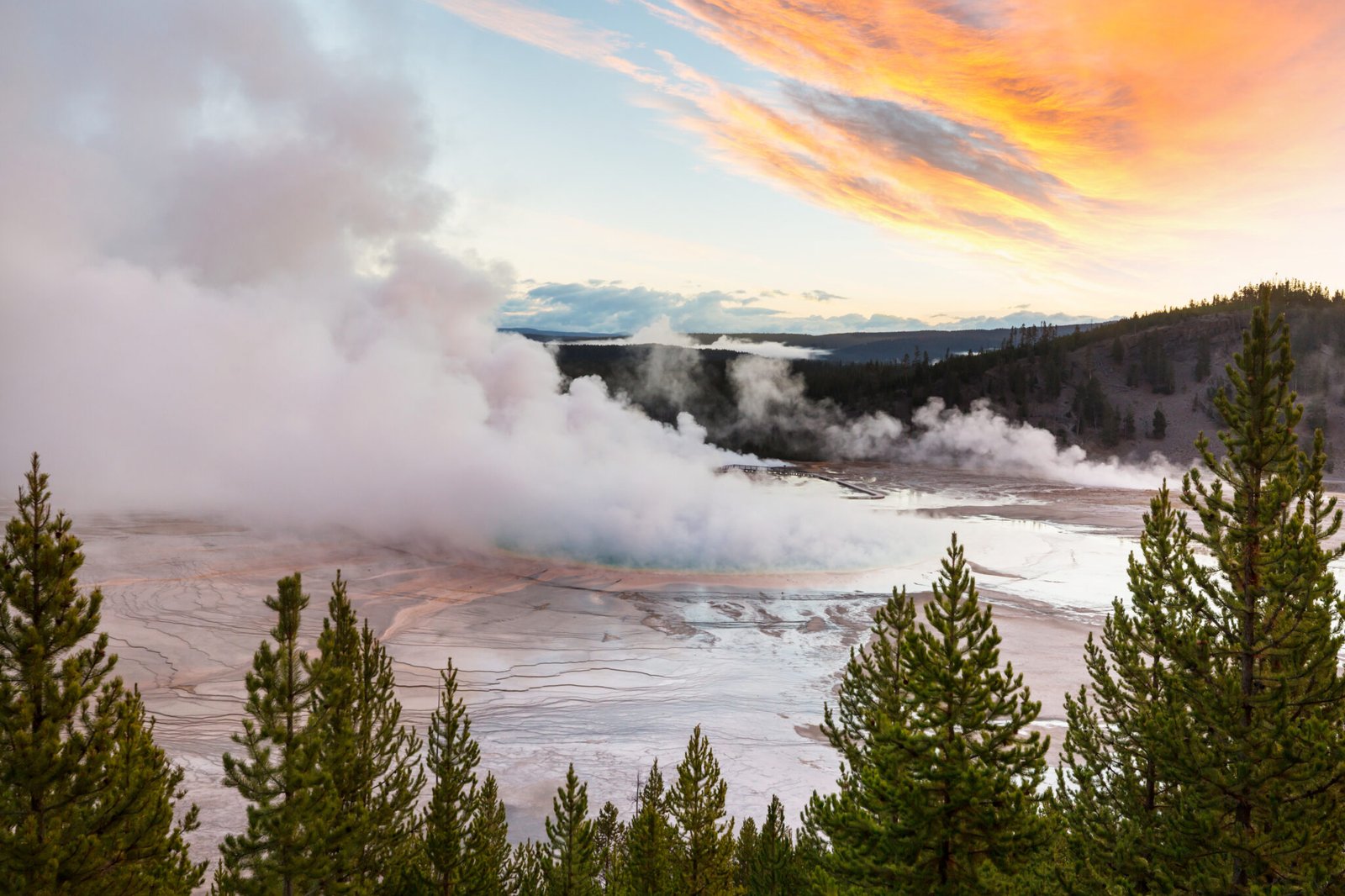 Inspiring natural background. Pools and  geysers  fields  in Yellowstone National Park, USA.