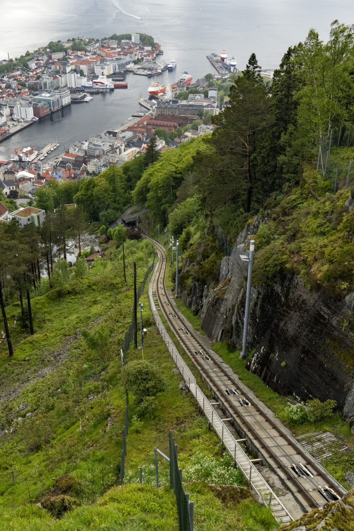 Mount Floyen funicular rails with scenic city view